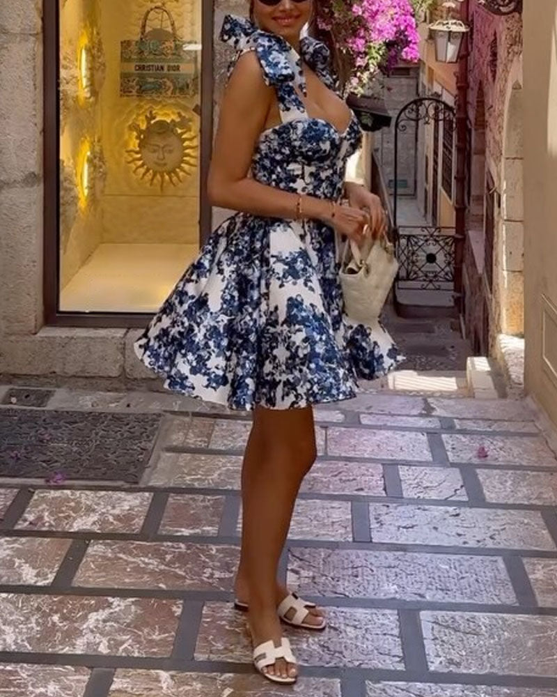 Isabella | Abito Corto A Fiori Con Spalline Annodate