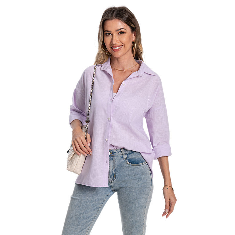 2025爆款亚马逊跨境外贸春夏女士棉麻长袖开衫宽松大码长袖衬衫