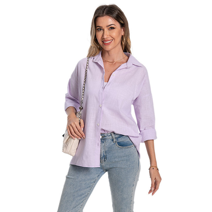 2025爆款亚马逊跨境外贸春夏女士棉麻长袖开衫宽松大码长袖衬衫